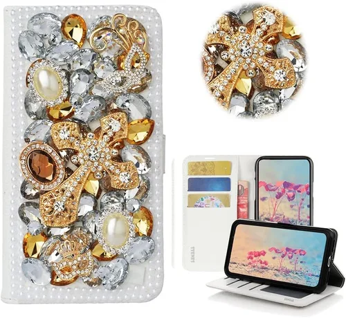 Vista 21 de Bling - Funda tipo cartera para teléfono compatible con Samsung Galaxy Z Fold 3 5G, elegante, hecha a mano, atrapasueños con colgante de perlas