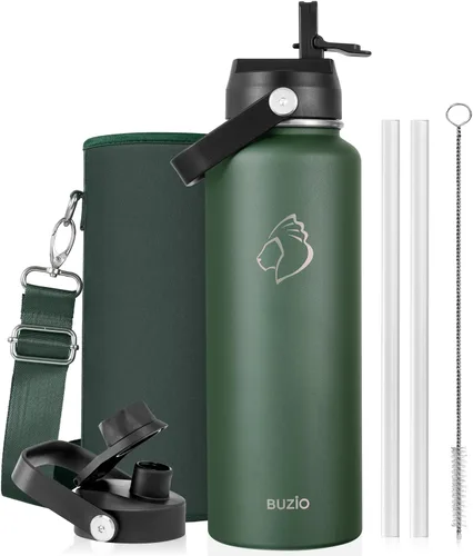 Vista 88 de BUZIO Botella de agua aislada de 24 oz, frasco de agua de boca ancha de acero inoxidable con tapa de pajita, frío durante 48 horas a prueba de Negro