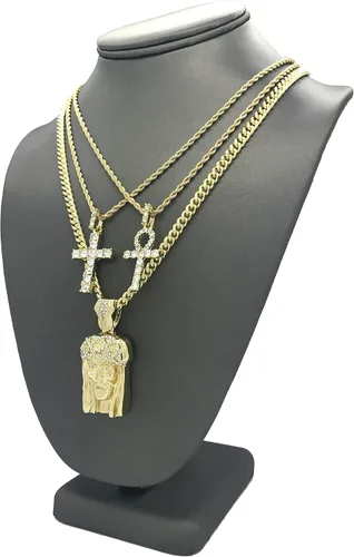 Vista 6 de Shiny Jewelers USA Juego de collar de cadena con colgante de hip hop y diseño de Jesús, manos rezando, tobillos, cruz y ángel, Metal, Circonia cúbica
