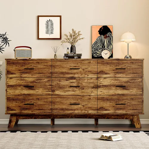Vista 3 de BORNOON Cómoda para dormitorio con 9 cajones, cómoda moderna de 59 pulgadas de ancho con manijas de metal, base en forma de X y pata central