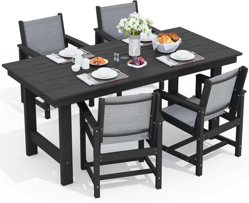Vista 27 de SERWALL Juego de mesa de comedor de 7 piezas, muebles de comedor de polietileno de alta densidad para exteriores con agujero para paraguas y 6 Negro