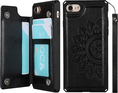 Vista 16 de iCoverCase Funda compatible con iPhone SE 2022/SE 2020/7/8 con soporte para tarjetas, funda tipo cartera para mujer, con bloqueo RFID en relieve