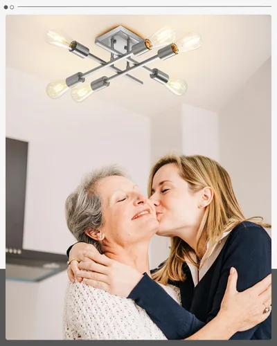 Vista 7 de Lámpara de techo semiempotrada de 6 luces, moderna lámpara Sputnik de níquel cepillado, lámpara de techo de granja E26, cocina, dormitorio, sala