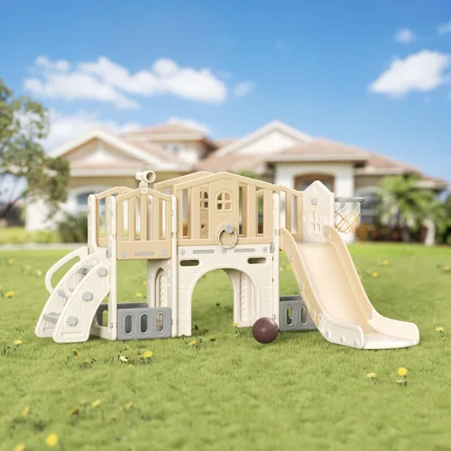 Vista 2 de KORIMEFA Juego de toboganes 8 en 1 para niños pequeños de 1 a 3 años, juego de escalador con aro de baloncesto y pelota, patio de juegos para niños