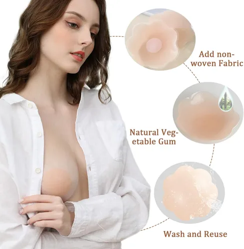 Vista 4 de FULNEW Sujetador adhesivo de silicona invisible Push Up para vestido sin espalda con cubiertas reutilizables para pezones