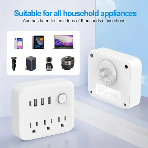 Vista 5 de FXZ Regleta de conversión de regleta de alimentación con 3 tomas amplias y puerto 3USB-A y 1USB-C, 1875 W/15 A, protección contra sobrecarga