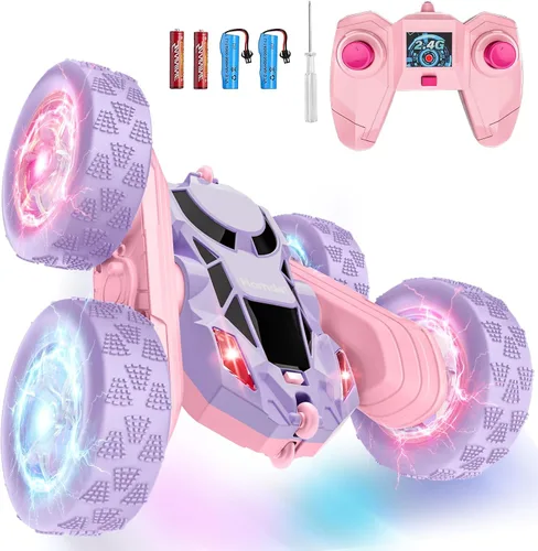Vista 13 de Hamdol Auto de control remoto para niños, auto de acrobacias RC giratorio de 360°, vehículo eléctrico 4WD de doble cara con luces LED, autos de Azul