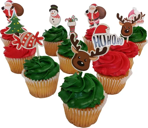 Vista 2 de Púas de decoración de cupcakes temáticos navideños, suministros de decoración culinaria de Navidad, paquete de fiesta de 48 piezas