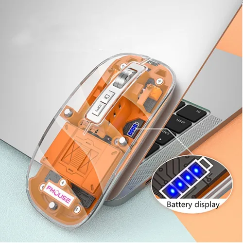 Vista 3 de Ratón inalámbrico, Bluetooth+2.4 GHz recargable con receptor USB, 2400 DPI LED delgado computadora silenciosa portátil Bluetooth ratón transparente