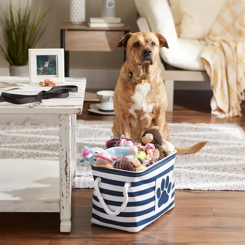 Vista 33 de Bone Dry - Cesta de almacenamiento para mascotas, diseño de parche de pata rayado, aguamarina, rectángulo pequeño