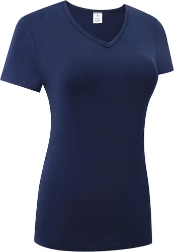 Vista 3 de OThread & Co. Camiseta de manga corta para mujer, cómoda, con cuello en V, capa elástica básica