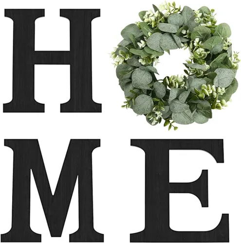 Vista 11 de Cartel colgante de madera con letras en inglés «HOME» (Hogar) con corona de eucalipto artificial para la letra «O», decoración de pared estilo Negro