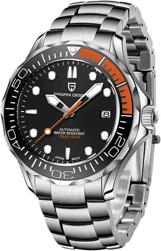 Vista 11 de Relojes automáticos de buceo Pagani Design 007-Model para hombre, movimiento NH35, materiales de acero inoxidable, bisel de cerámica giratoria Hule