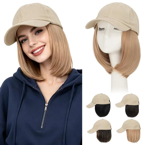 Vista 9 de Hairro Peluca de gorra de béisbol con cabello adjunto, corto estilo Bob ajustable, extensiones de cabello sintético para mujeres, balayage
