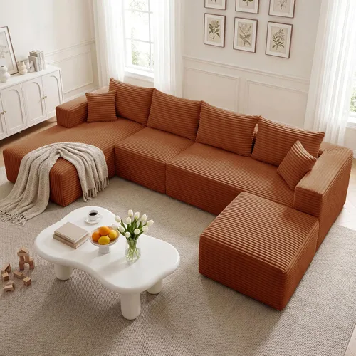 Vista 11 de Sofá modular en forma de L de 118 pulgadas, moderno sofá modular de pana de espuma viscoelástica de 4 plazas con otomana, asiento profundo tapizado