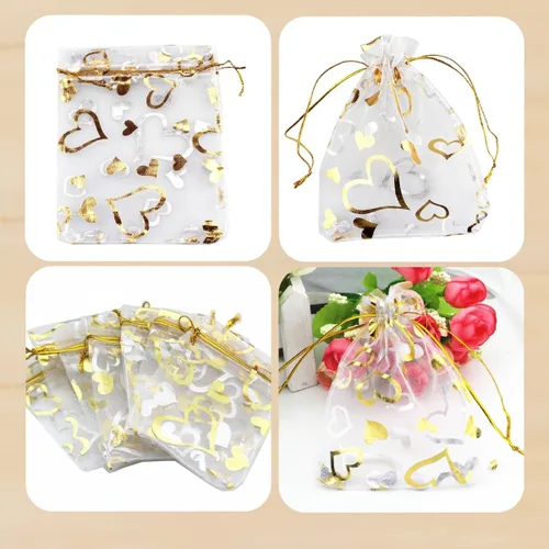 Vista 3 de QIANHAILIZZ 100 unidades de 3.5 x 4.7 pulgadas, bolsa de regalo de organza con corazón de flores, bolsa de regalo, bolsa para dulces, con cordón