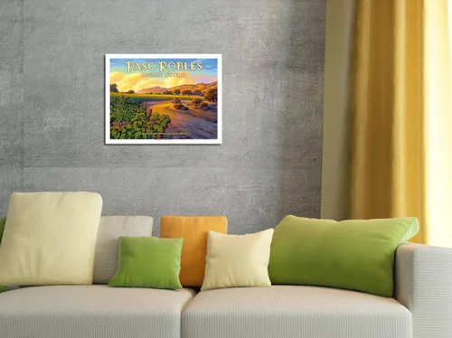 Vista 4 de Paso Robles - Geneseo District - Central Coast AVA Vineyards - Arte de California Wine Country por Kerne Erickson - Cartel de metal vintage de 8 x
