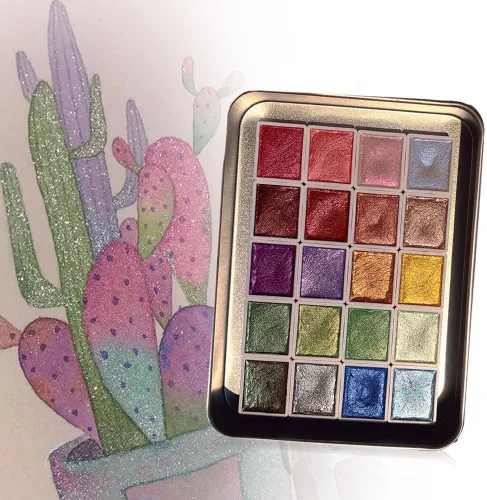 Vista 9 de Juego de pintura de acuarela de 12 colores, suministros de dibujo, juego de pinturas de acuarela metálicas brillantes, kit de pintura colorida