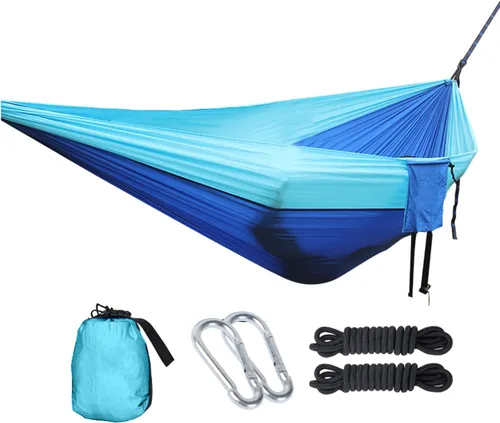 Vista 49 de Hamaca doble ajustable de capacidad de 550 libras con soporte de acero resistente de 10 pies, incluye funda de transporte portátil, fácil de Azul