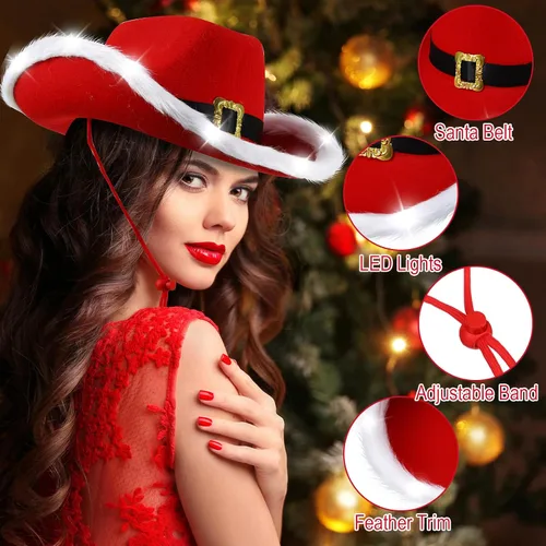 Vista 3 de Suhine Light up Santa Claus Cowboy Hats Christmas LED Flashing Cowgirl Hat Bulk with Lights for Women Men Xmas Cowboy Decor