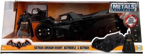 Vista 2 de Jada DC Comics Batman 2015 Arkham Knight Batmobile y Batman Metals Vehículo coleccionable de juguete fundido a presión con figura, negro, escala 1:24