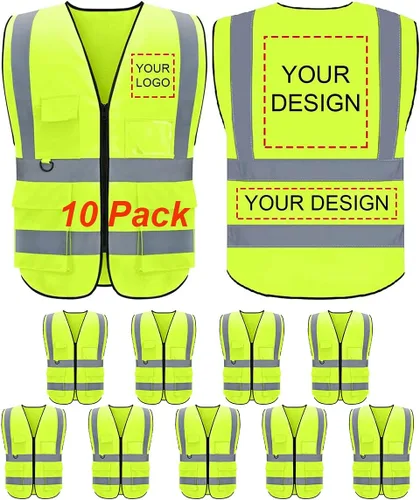 Vista 8 de Chaleco Reflectante Clase 2 de Seguridad ANSI con Bolsillos y Cremallera de Alta Visibilidad Uniforme de Construcción K-verde-1pack-custom