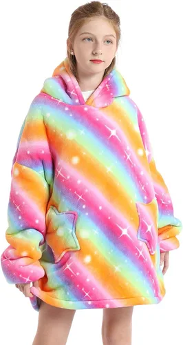 Vista 12 de JAMBHALA Manta de gran tamaño con capucha para niños, sudadera con capucha de franela cálida y esponjosa con bolsillos para niños y adolescentes