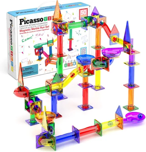 Vista 9 de PicassoTiles - Juego de pista de canicas magnéticas de 100 piezas con azulejos de pista de carreras, embudos, pendientes curvas y bolas de acero