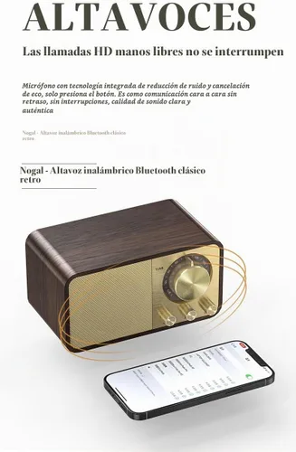 Vista 3 de Altavoz Bluetooth de madera retro, radio recargable de 1500 mAh con antena FM integrada, esfera giratoria de sintonización AM/FM, control de graves