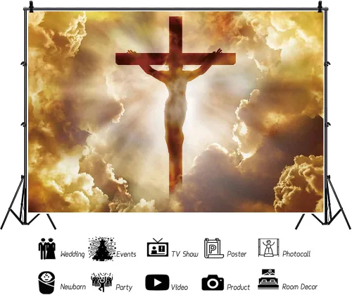 Vista 2 de 5x3FT Cruz cristiana en el cielo Fotografía de fondo irradia luces divinas sagradas Jesucristo Fotografía telón de fondo creencia religiosa Señor