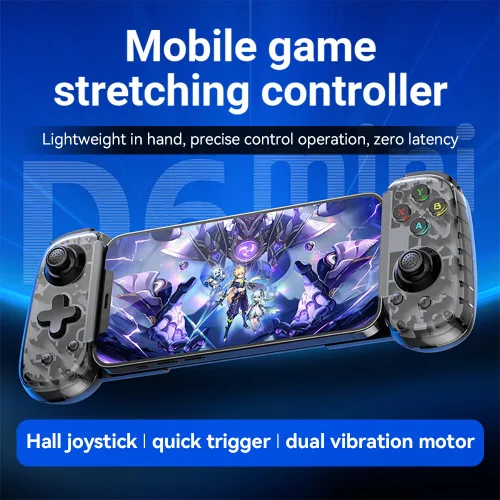 Vista 3 de FINGEREVO D6 Mini controlador móvil para juegos iOS Android PC, BT5.3 y USB-C Streaming Gamepad retráctil para teléfonos Pads N-S transparente