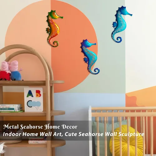 Vista 6 de POXOH - Juego de 3 decoraciones de pared de caballito de mar de metal, temática costera del océano de vida marina para interiores y exteriores, arte