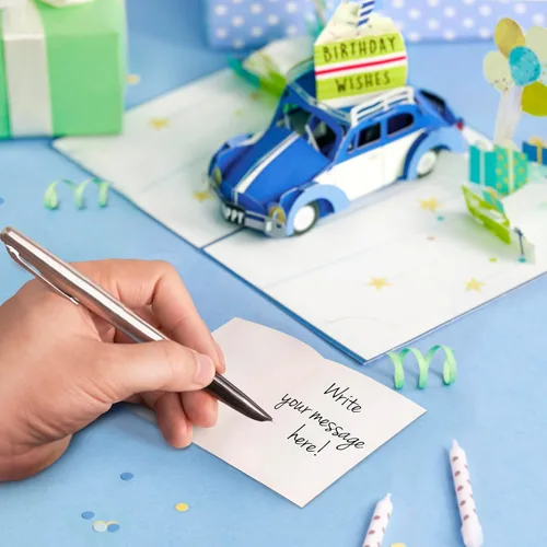 Vista 5 de POPWOW Tarjeta desplegable de cumpleaños, auto azul, escarabajo, Volkswagen, regalos, globos, tarjeta de felicitación 3D, regalo ideal para hijo