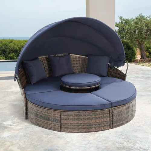 Vista 16 de Sofá cama redondo de ratán al aire libre con toldo retráctil y mesa de centro elevadora, muebles de patio, juego de sofá para piscina Garde