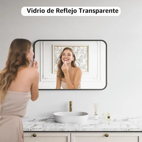 Vista 3 de Koonmi - Espejo de baño, espejo rectangular de pared de 26x38 pulgadas con acabado negro cepillado, vidrio templado HD, marco antióxido para Borde