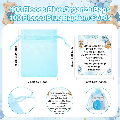 Vista 3 de Amyhill Juego de 100 regalos de fiesta de oso para baby shower, incluye velas azules sin perfume, velas de regalo neutras de género, tarjetas