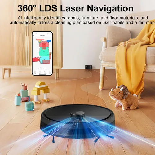 Vista 4 de Combo robot de aspiradora y trapeador, aspiradoras robóticas con navegación LiDAR, mapeo inteligente, fuerte succión, con WiFi/App/Alexa/control