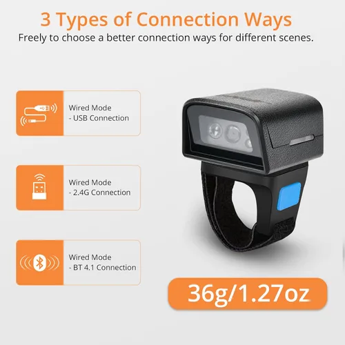 Vista 4 de 1D 2D Bluetooth portátil anillo escáner de código de barras, mini lector de código de barras portátil con inalámbrico 2.4Ghz y Bluetooth y USB