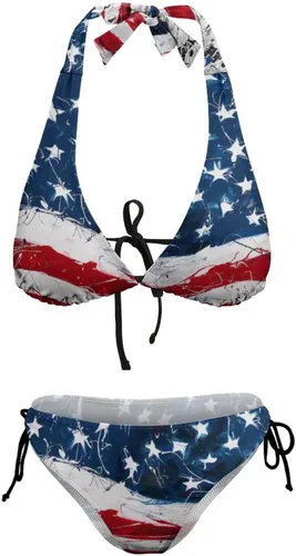 Vista 5 de Conjunto de bikini con la bandera americana, parte superior acolchada con lazo lateral, traje de baño para mujer