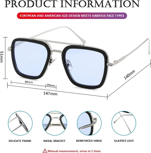 Vista 7 de PORADAY Tony Stark - Gafas de sol de Iron Man, montura cuadrada de metal vintage