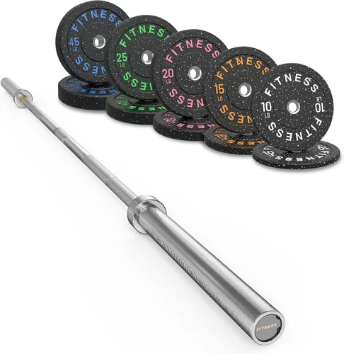 Vista 11 de Olympic Barbell Set, 2-Inch Bumper Plates with Weight Plate Rack Colored Crumb Rubber Weight Plates for Weight Lifting & Strength Training, 90–530