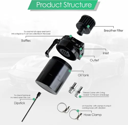 Vista 4 de Kit universal de captura de aceite para coche, tanque de depósito automotriz desconcertado polaco de 10.1 fl oz con respiradero de aluminio compacto