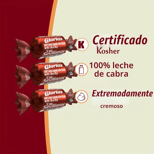 Vista 4 de Glorias Pecan 1.06 oz Family Display pack w/20 piezas Las Sevillanas Traditional goat milk cajeta dulce de leche candy with pecans, individually