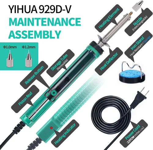 Vista 5 de YIHUA 929D-V Bomba desoldadora eléctrica de soldadura de soldadura con mango de carga más corto y boquillas de desoldadura de 0.039 in 0.047 in