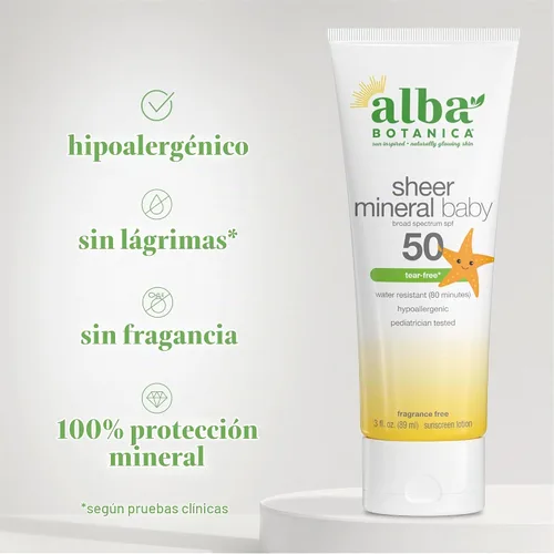 Vista 5 de Alba Botanica Protector solar para bebé para cara y cuerpo, loción de protección solar mineral transparente, SPF 50 de amplio espectro, resistente