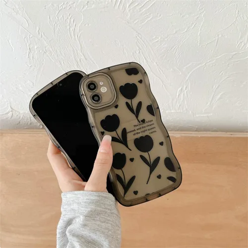Vista 5 de Funda compatible con iPhone 11 Pro Max con bonito diseño de flores negras y sencillas, para mujeres, adolescentes y niñas, funda protectora de lente