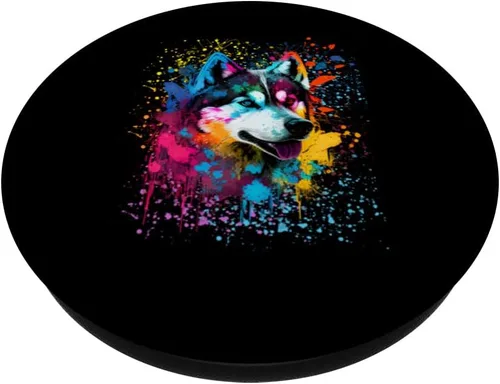 Vista 2 de Colorido Splash Art Siberiano Husky Retrato Dueño de Cachorro PopSockets Intercambiable PopGrip