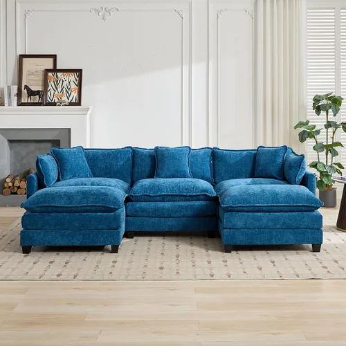 Vista 79 de Sofá seccional modular verde de 111.5", sofás seccionales grandes de 3 plazas para sala de estar, sofá nube oversized de tela chenille con otomana