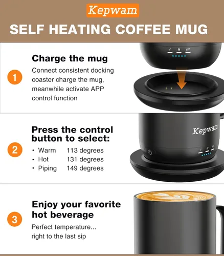 Vista 3 de Kepwam Taza de Café Autocalentante T1, Taza de Café Recargable Calentada de 16oz, Taza de Café Inteligente con Calentamiento Controlado por