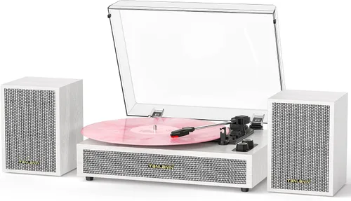 Vista 10 de Tocadiscos de vinilo con altavoces externos, tocadiscos estéreo vintage de 3 velocidades para discos de vinilo, entrada Bluetooth, parada automática